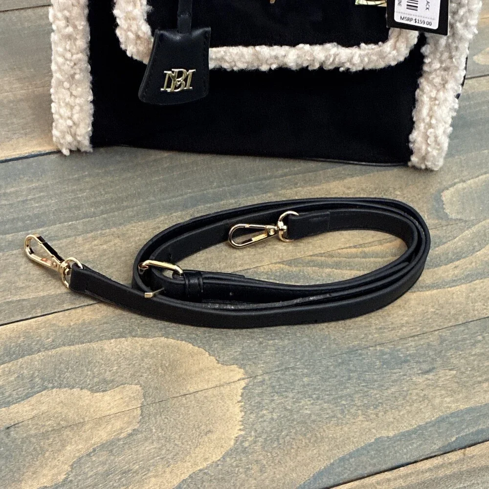 Badgley Mischka NWT Shearling Faux Fur Satchel Crossbody Black Handbag(ST) - Picture 3 of 10